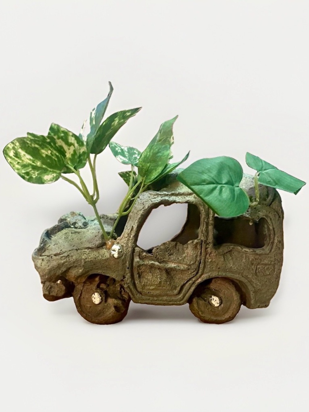 Wrecked Car Aquarium Ornament / Fish Tank Hide Cave with Faux Silk Plants, GUC